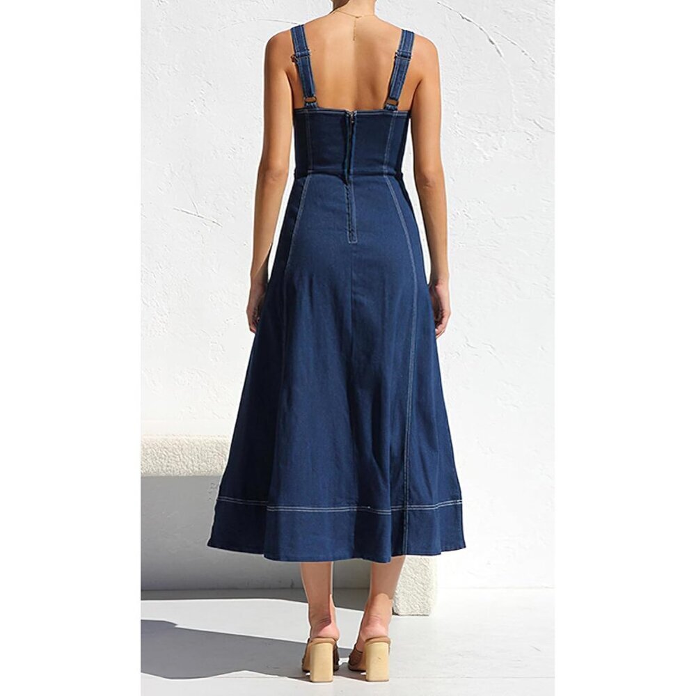 Women's Denim Midi Dress Adjustable Straps Sleeveless Button Down Casual - Picture 2 of 6